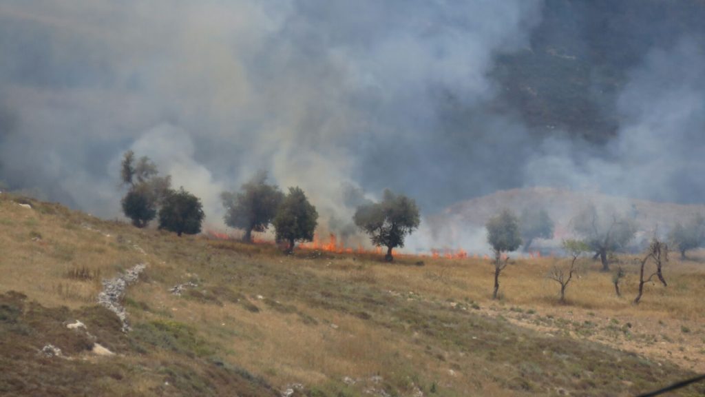 ערבים מעוריף הציתו אש לכיוון יצהר – קצין מג”ב חסם את צוותי הכיבוי